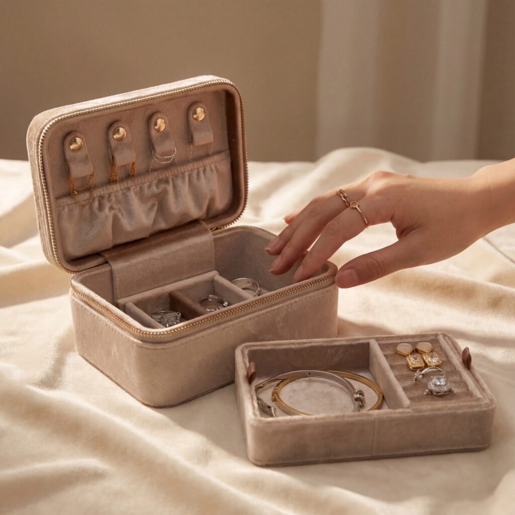 Open Cream velvet jewellery case with its tray beside it and a hand choosing jewellery.