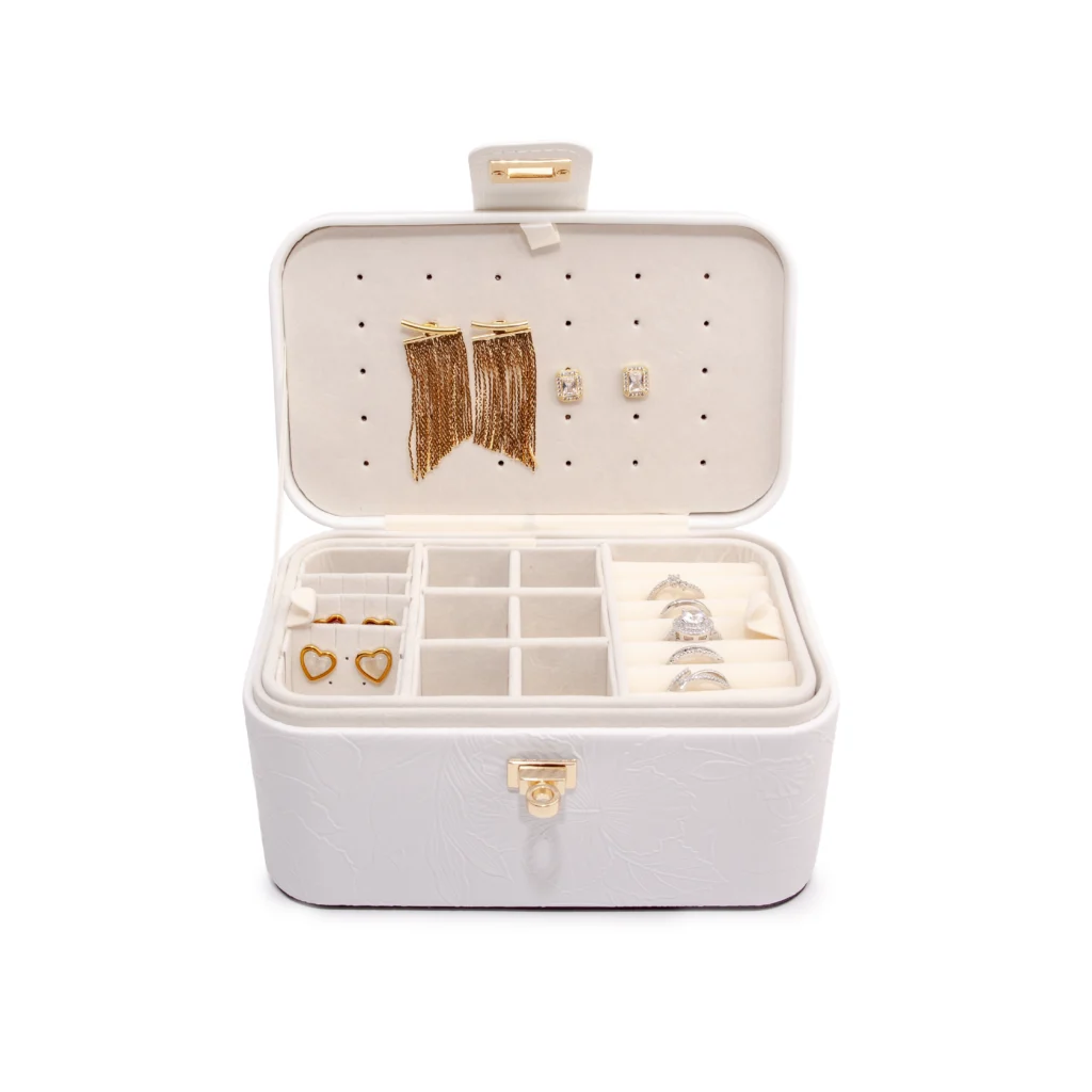 Open White floral jewellery case showing its earring panel, ring rolls and divided tray.
