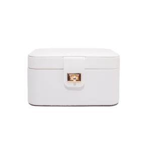 Embossed floral portable jewellery box with rings, earrings and necklaces displayed