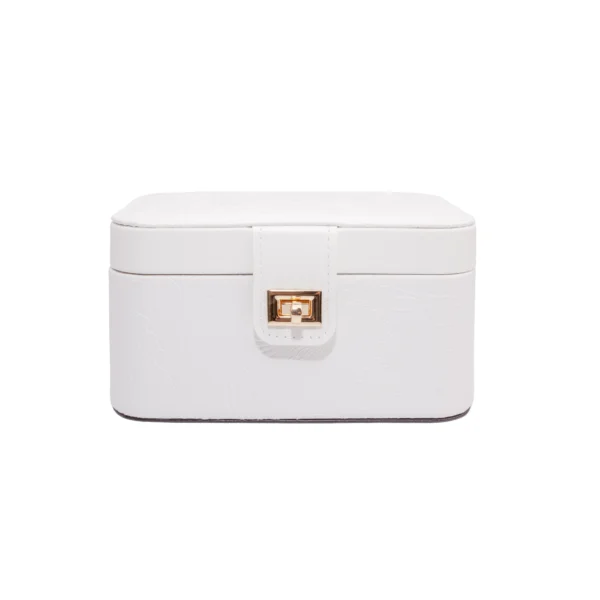 Front view of the closed White floral jewellery case with an embossed exterior and gold-tone clasp.