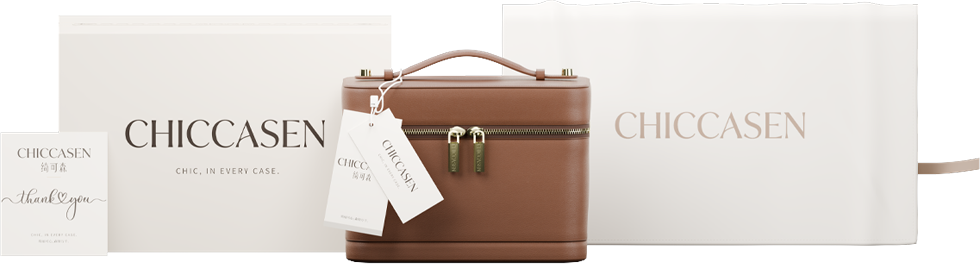 Caramel vanity case with CHICCASEN box, dust bag, thank-you card and swing tag.