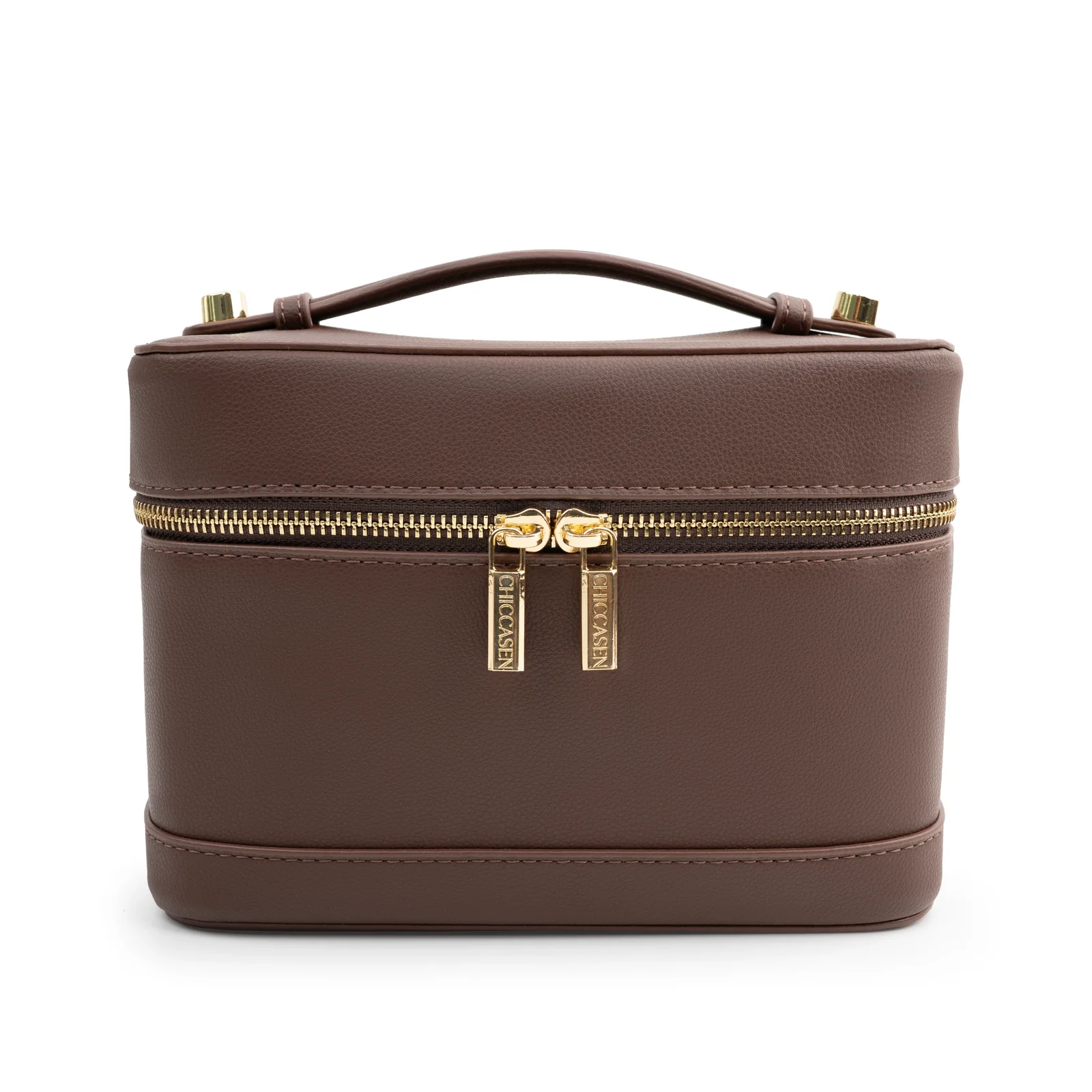 Front view of the closed CHICCASEN Vanity Case in Burgundy, showing its curved top handle and gold-tone double zip pulls.