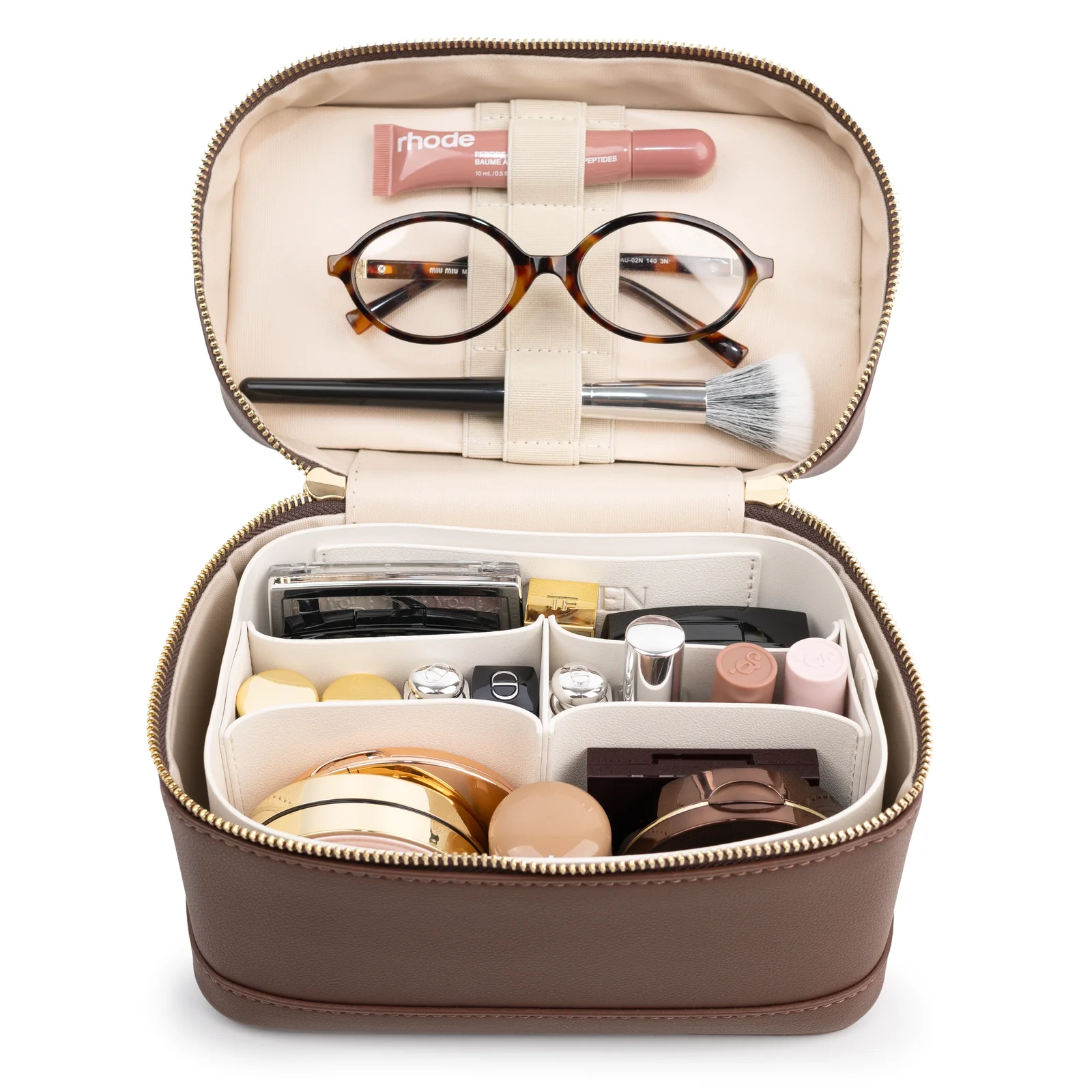 Open CHICCASEN Vanity Case in Burgundy with its removable organiser fitted, showing an example arrangement of make-up and accessories.