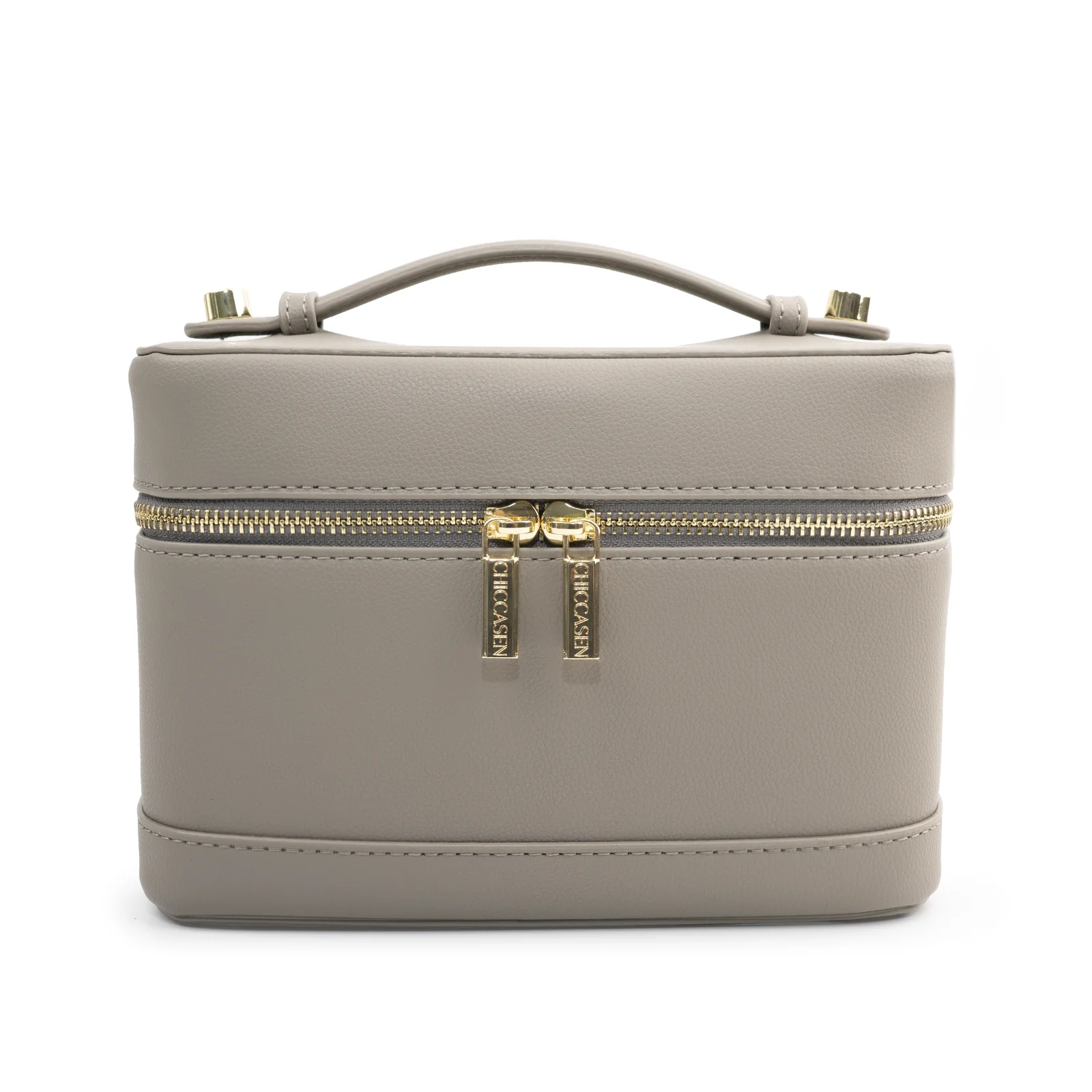 Front view of the closed CHICCASEN Vanity Case in Elephant Grey, showing its curved top handle and gold-tone double zip pulls.