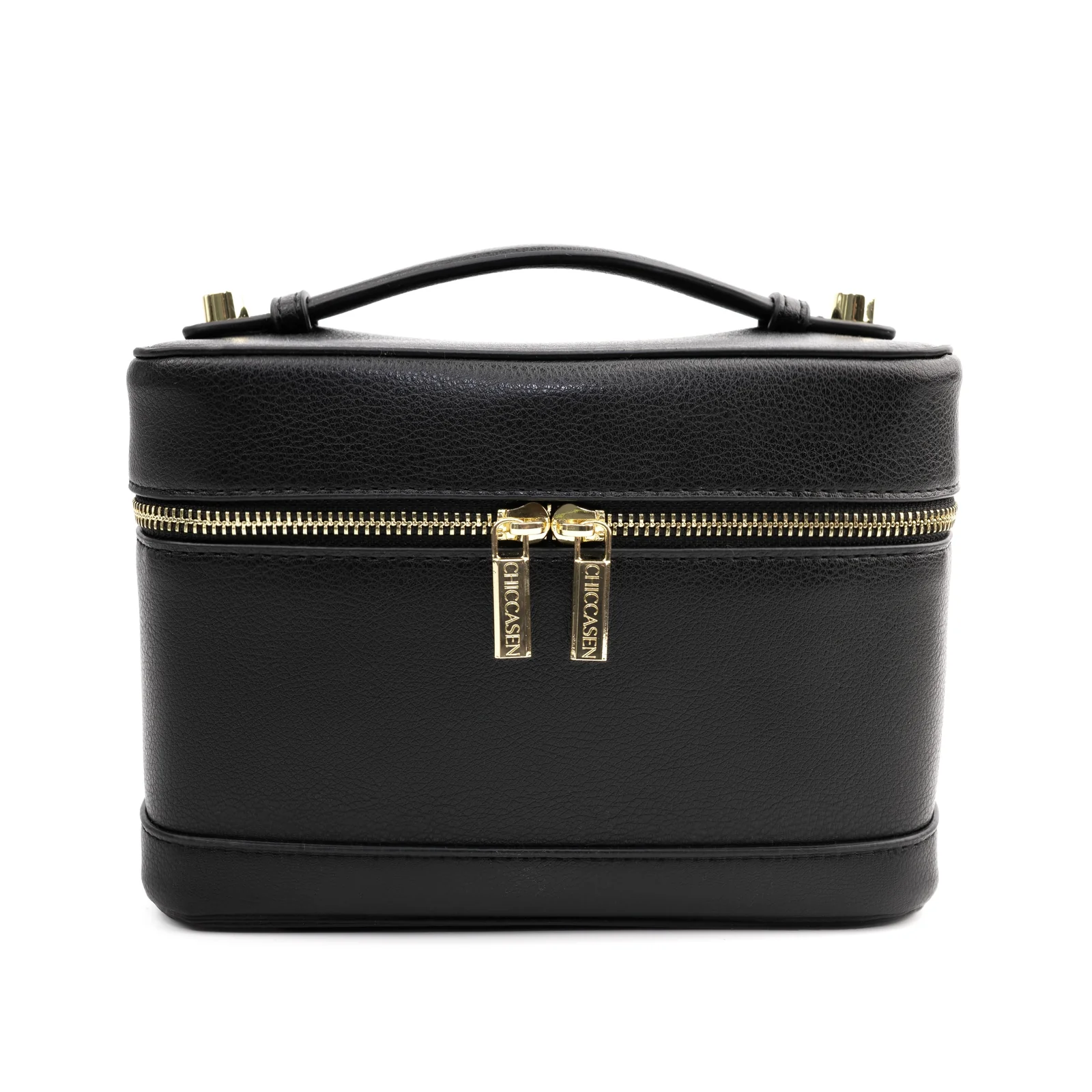 Front view of the closed CHICCASEN Vanity Case in Jet Black, showing its curved top handle and gold-tone double zip pulls.