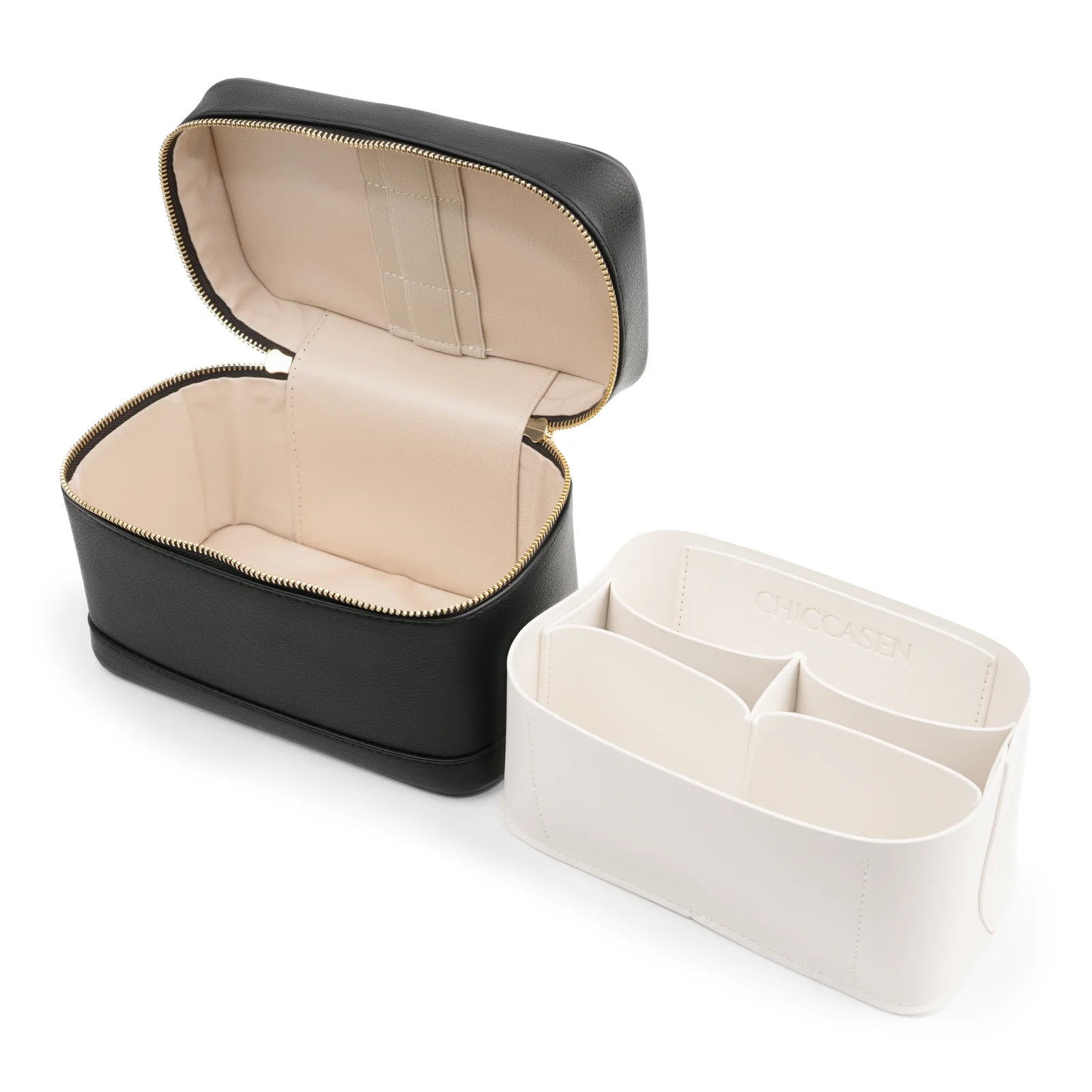 Open CHICCASEN Vanity Case in Jet Black with its white removable organiser set beside it.