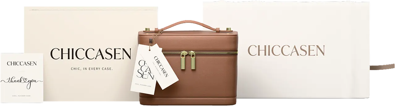 Caramel vanity case with CHICCASEN box, dust bag, thank-you card and swing tag.