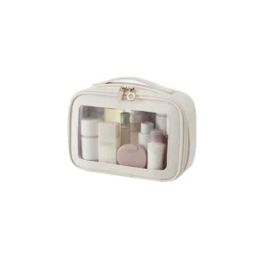 Moon White medium travel pouch with a clear front window, top handle and double zip pulls.